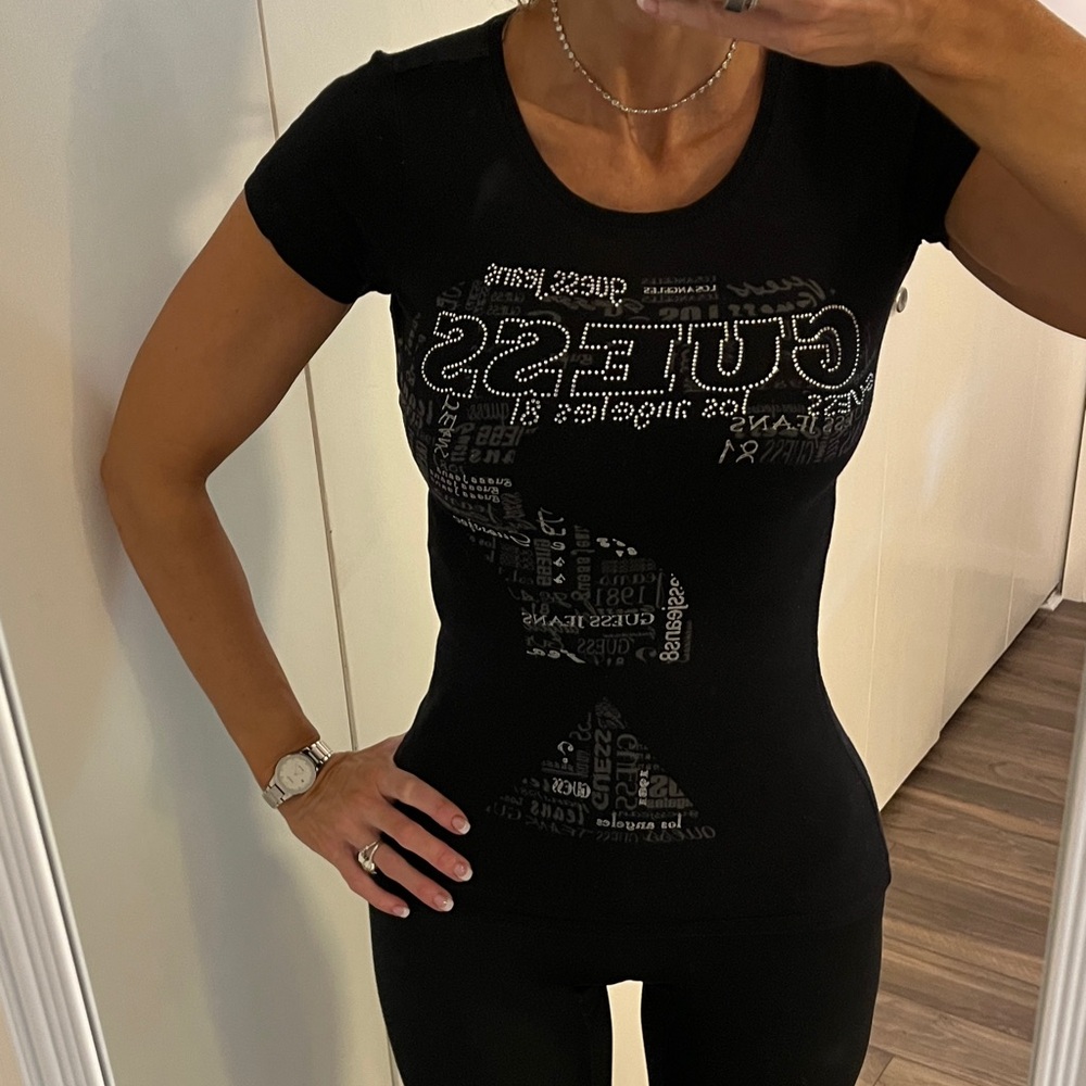 GUESS Black Graphic Y2K Vintage Rhinestone Bling Tee Shirt